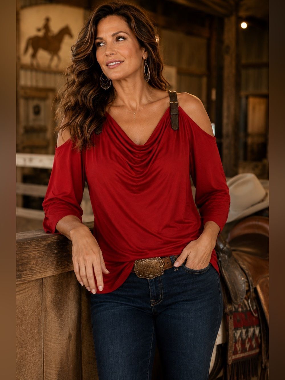 Soft Surroundings Red Cold Shoulder Cowl Neck Faux Leather Strap Top XL